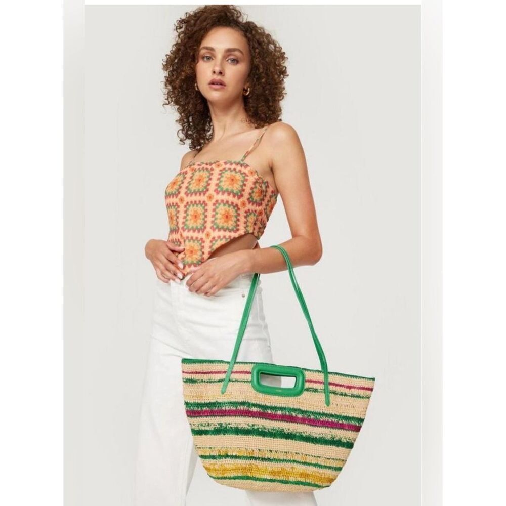 Maje Striped Raffia Basket Bag in the "Casino Green" Summer Stripe Beach Bag